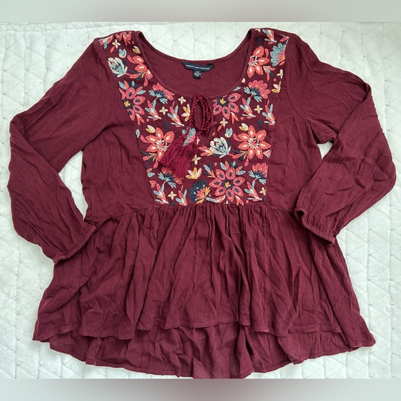 American Eagle Outfitters Burgundy Peplum Embroidered Top with Tassels - Picture 3 of 11